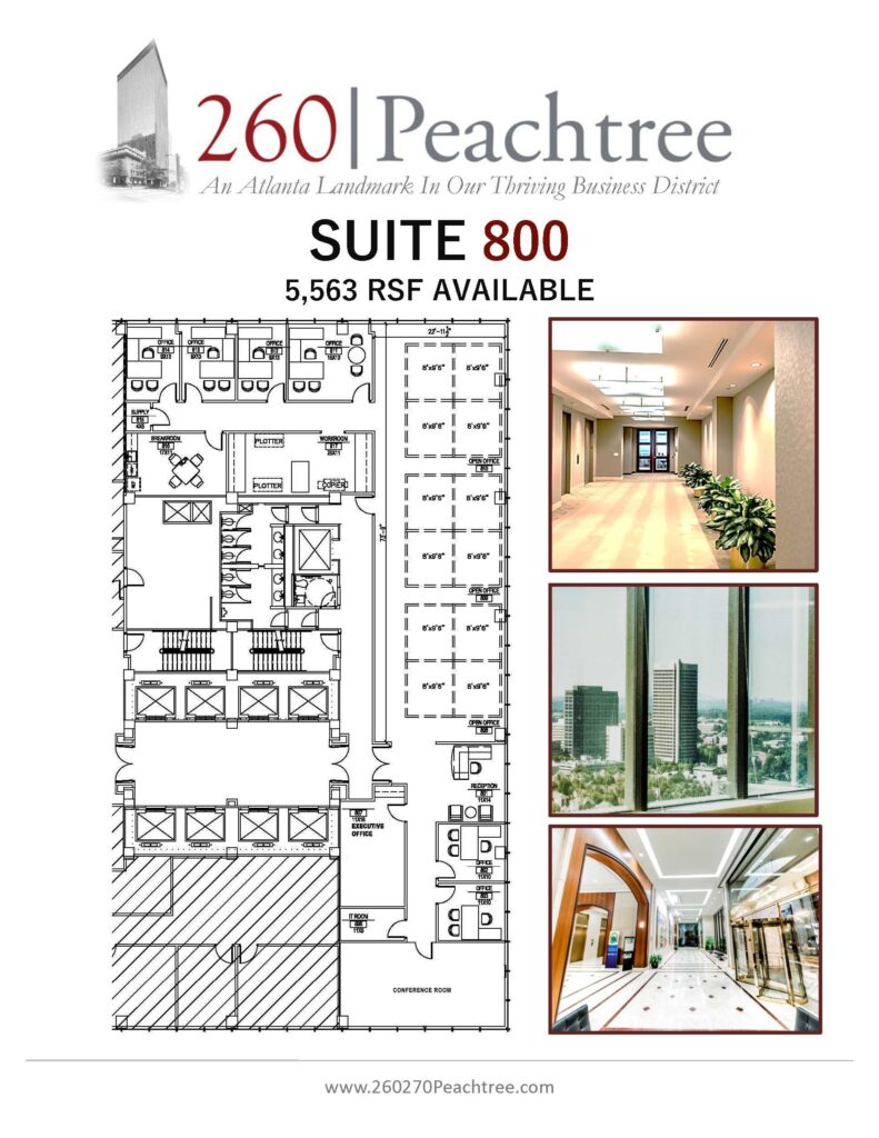 Suite 800 is 1/2 of a floor at 260 Peachtree. This suite offers a double door entry, very spacious, collaborative works stations, office, conference rooms, kitchen and breakroom. 